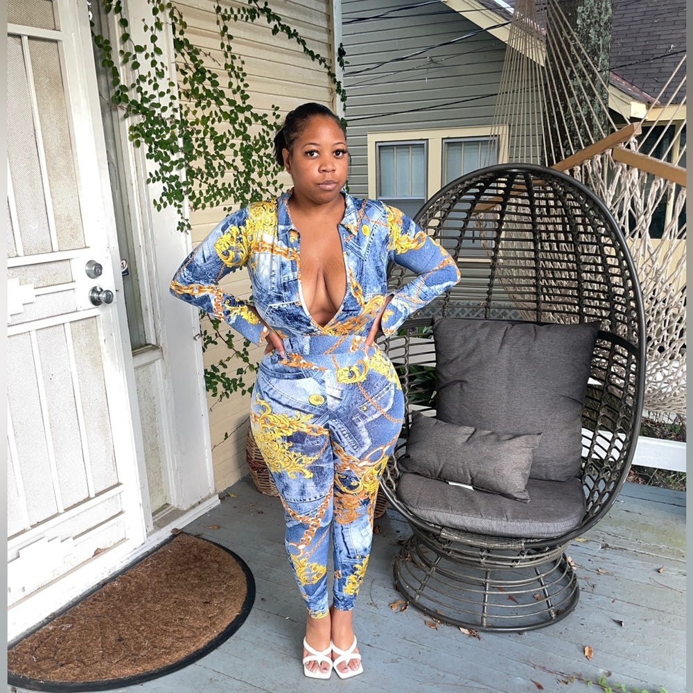 Two piece denim and chain print set